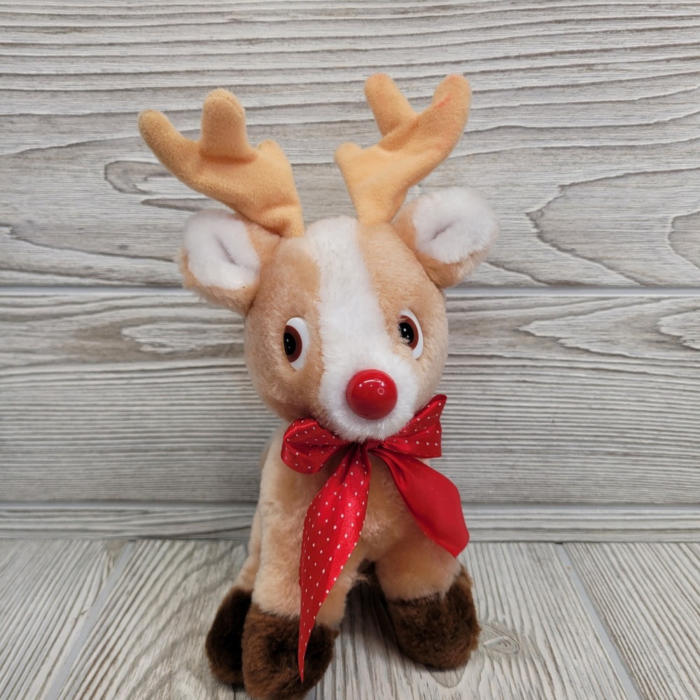 Russ Berrie Roscoe Rudolph Reindeer Plush Deer Red Polk A Dot Bow Christmas‎ Vtg
